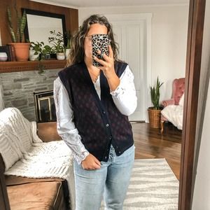 VINTAGE Women's XL Blue Wool Blend Argyle Dark Academia Button Down Sweater Vest